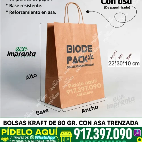 BOLSAS DE PAPEL KRAFT 80 GR CON ASA DE PAPEL TRENZADO
